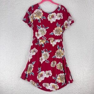 Roxy Red Floral Print Short Sleeve Dress Womens‎ Back Cut Out Pullover Size M